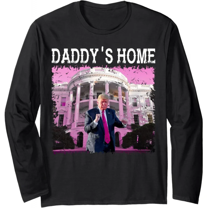 

Men's casual and fun Trump pink White House black long sleeved T-shirt