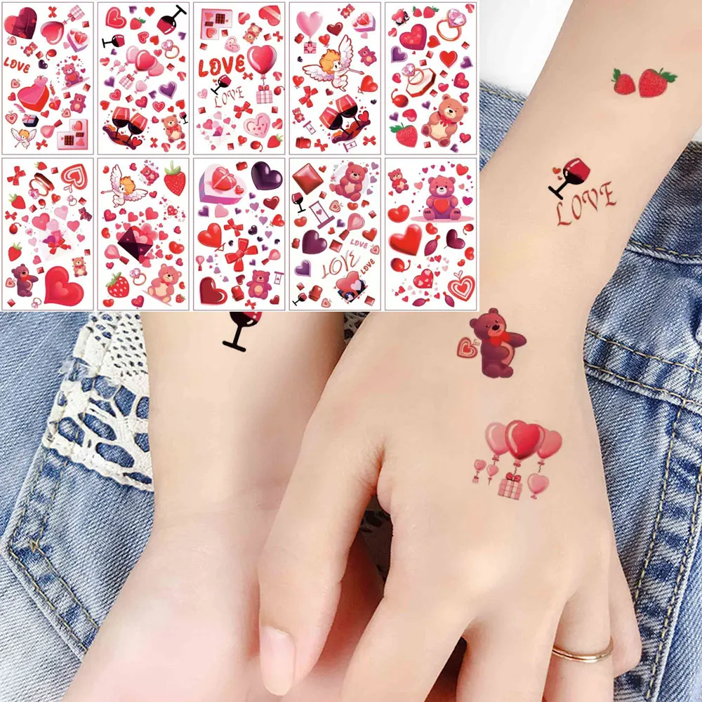 10 Uds. De tatuajes temporales con patrón de regalos de corazón rojo para el Día de San Valentín, pegatinas de tatuaje temporal, tatuaje falso, decoración de arte corporal para fiesta