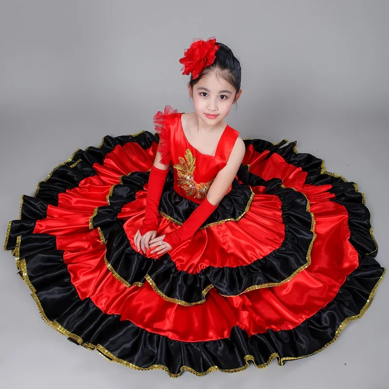 Ballroom Skirt For Girls Child Dance Dresses Costumes For Kids Clothes Spanish Costume Girl Long Red Flamenco Dress