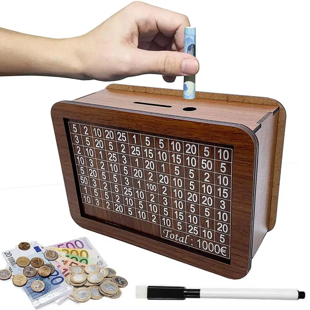 Cash Savings Box Money Saving Box Vintage Wooden Money Box with Counter Marker Pen Target Numbers Piggy Bank for Coins Cash