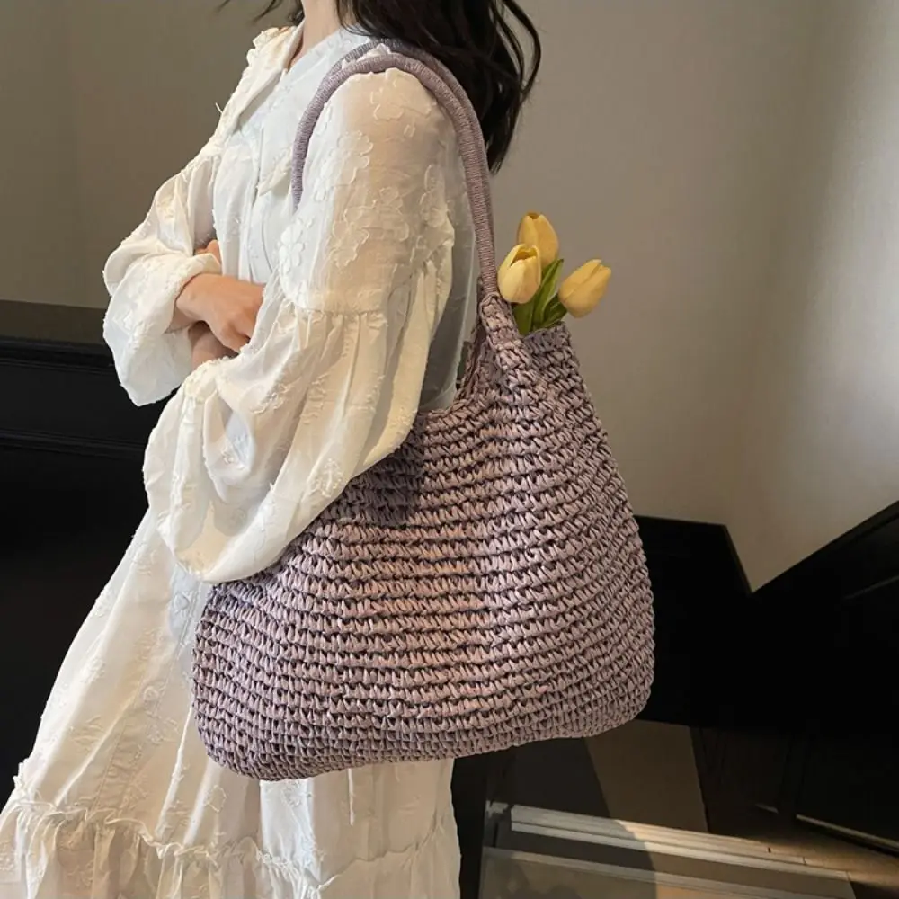 Simple Hollow Out Straw Shoulder Bag Bohemian Casual Summer Beach Bag Breathable Large Capacity Women Shopping Handbag Outdoor