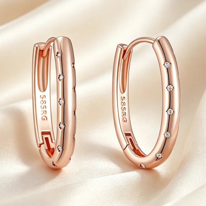 Kinel Trendy 585 Rose Gold Color Big Hoop Earrings For Women Luxury Natural Zircon Accessories Bride Wedding Vintage Jewelry
