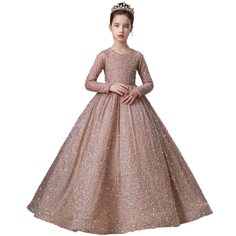 Little Girls Sequin Long Prom Dress Kids Elegant Evening Party Pageant Gown Teen Girls School Graduation Dress Long Sleeve