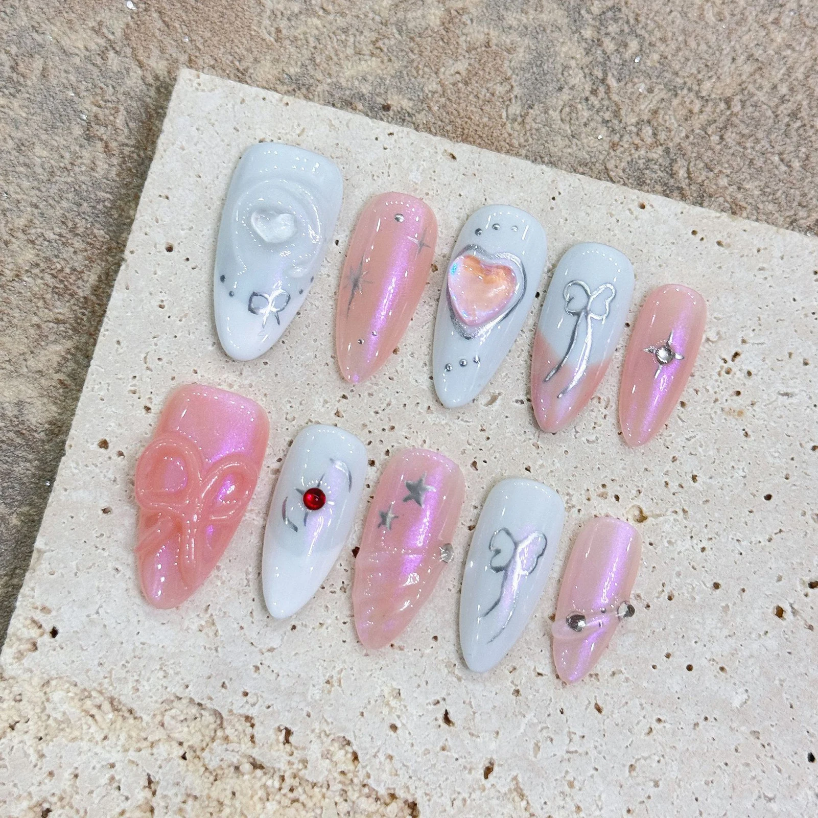 10 Stuks Roze Witte Franse Valse Nagels Handgemaakte Pers Op Nagels Met 3d Boog Hart Decor Aurora Lange Amandel Nep Nagels Y 2K Voor Meisje