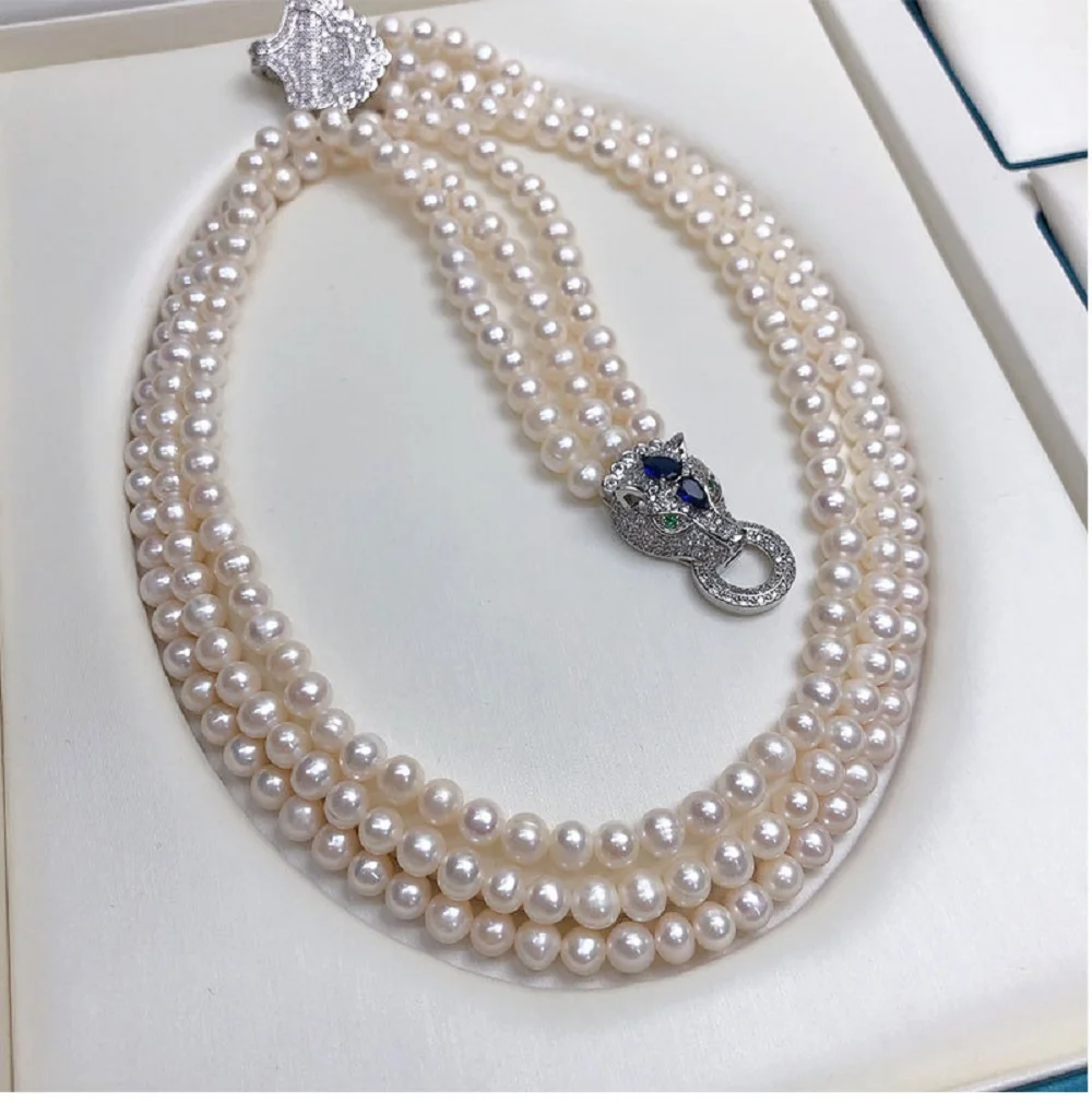 3-Row Pearl Necklace AAA6-7mm Natural White Japanese Akoya Pearl Necklace 925s, 40-45-50cm