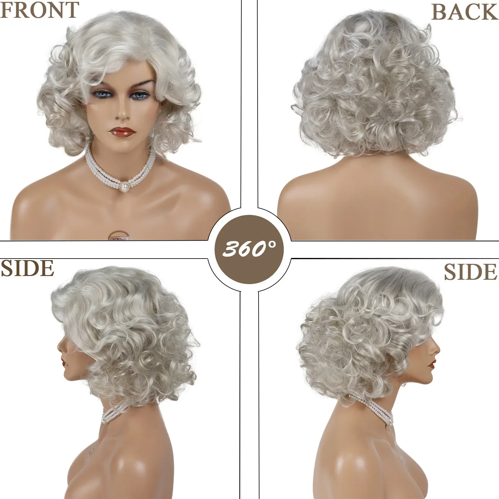 GNIMEGIL Peluca de cabello rizado corto sintético para mujer, color gris y blanco, peluca de mamá con flequillo, disfraz de fiesta, regalo de abuela