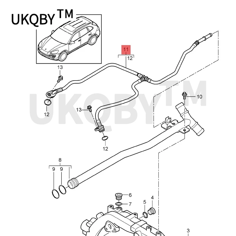 Car Exhaust pipe assembly 2010-2018Por sch ePa nam era Cay enne 4.8T 4.8L engine Tee water pipe Coolant ventilation pipe