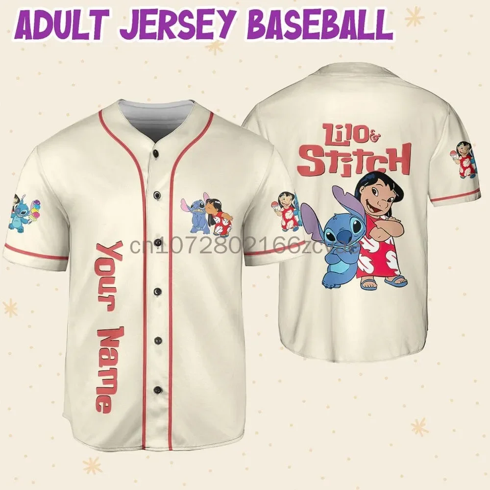 Disney-Maillot de baseball Angel and Stitch pour hommes et femmes, nom personnalisé gratuit, chemises de baseball Disney, mode décontractée, t-shirt de rue