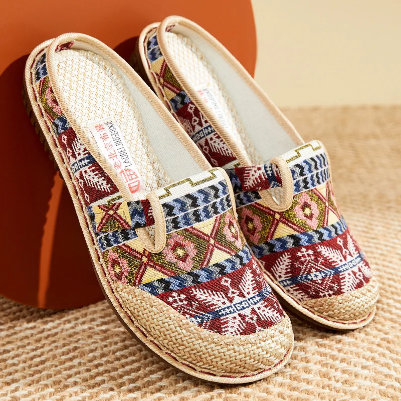 Vrouwen Slipper Etnisch Borduurwerk Zomer Platte Schoen Linnen Wig Doek Schoenen Zachte Zool Lopen Ouderen Sandaal Dames Slip-On Muller