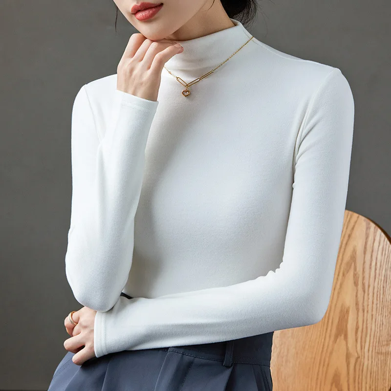 Women's T-Shirts Korea Stylish Full Sleeve Thick Warm Blouse Autumn Winter Undershirt Basic Layer Tops Slim Female Outwear C5823 image 5