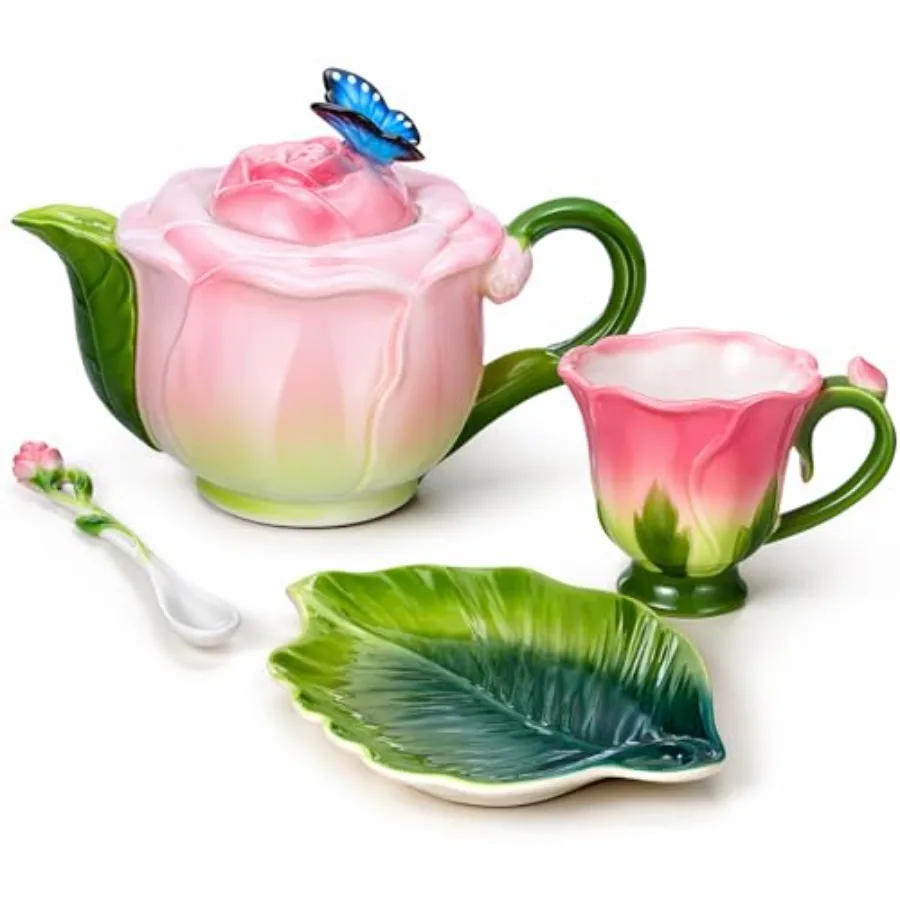 

Rose Flower Teapot and Cup Set 22oz Ceramic Teapot and 6.8oz Cup with Saucer and Spoon for Women, Pink Hand Painted Vintage Flo