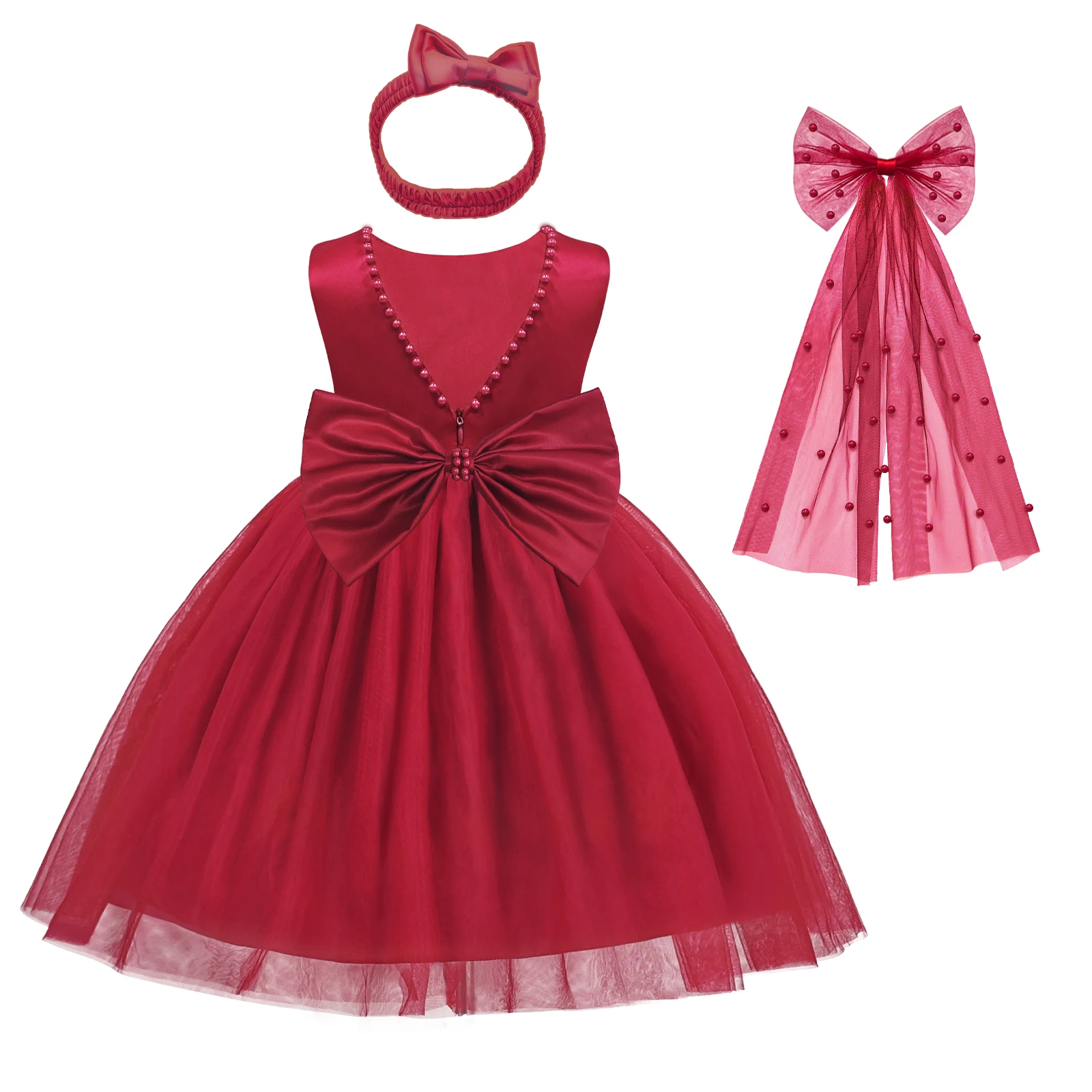 فستان الأميرة الشيفون من التول مع ربطة رأس دبوس شعر لؤلؤي للأطفال في أعياد الميلاد وحفلات الزفاف وحفلات التخرج وحفلات الكريسماس