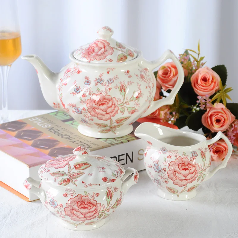 European style ceramic underglaze color pastoral English rose coffee sugar milk jar tea set