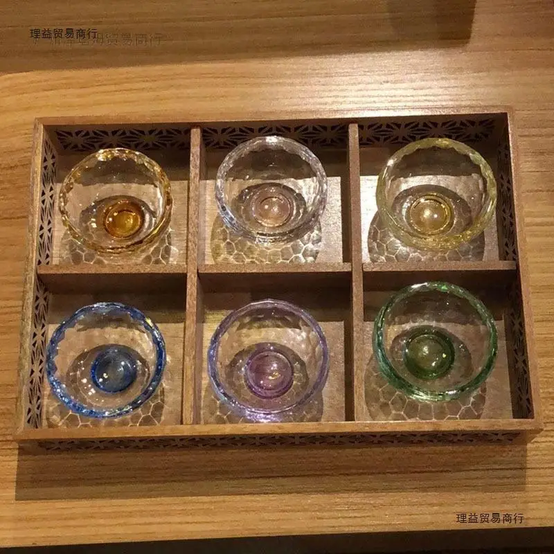 

6pcs/1set Japanese-style Colorful Small Glass Cups for Fruit Wine, Flower Tea and Sake, Hand-carved Cedar Wine Boxes