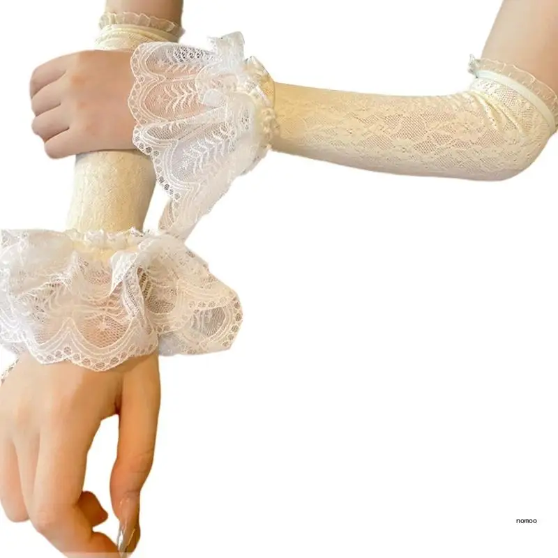 Lovely Flared Sleeves Bride Elastic Wrist Cuff Ruffled Lace Hand Sleeve Teas Parties Costume Accessories