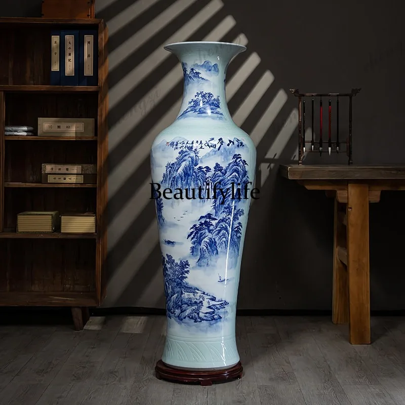 Ceramic hand-painted blue and white landscape floor-to-ceiling large vase living room hotel villa Chinese decorative ornament