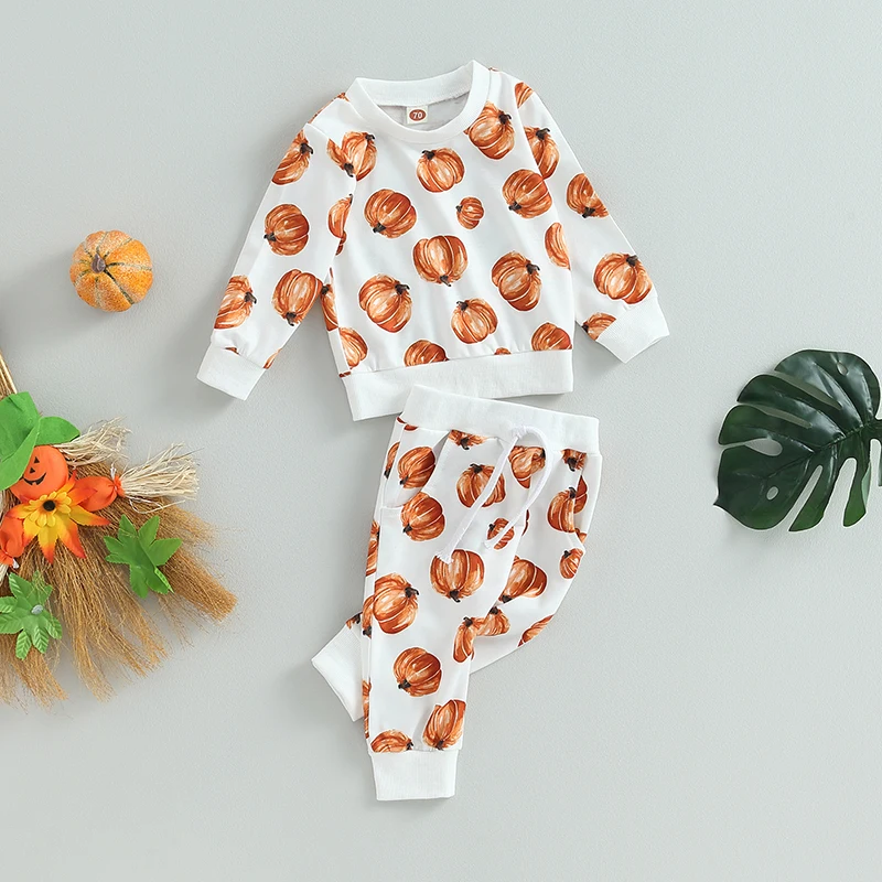 2023-06-18 Lioraitiin 0-3Years Toddler Boy Girl Halloween Outfits 2Pcs Long Sleeve Pumpkin Sweatshirt Trousers Set Baby Clothes