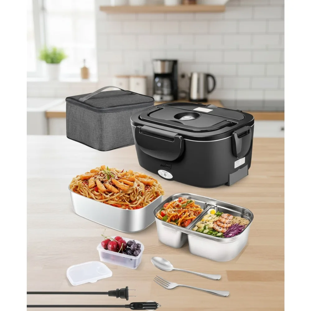 

80W Electric Lunch Box with Dual 1.5L Stainless Steel Containers, Portable Food Warmer for Travel & Work