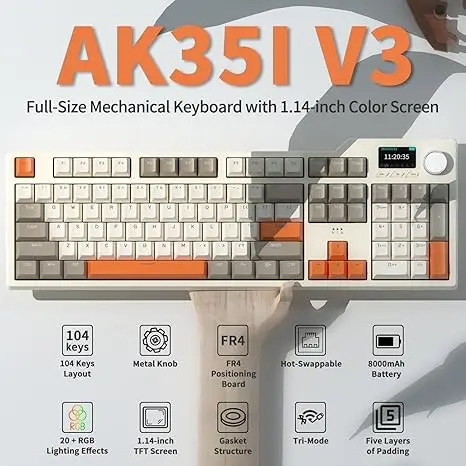 Ajazz AK35I V3 MAX 8000mAh batterij Gaming mechanisch toetsenbord Tri-mode Bedraad Bluetooth Draadloos Hot-swappable TFT kleurenscherm