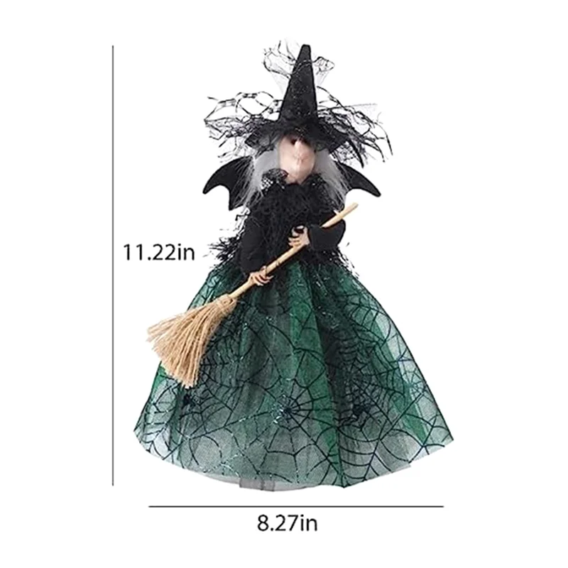 Decoración de bruja de Halloween, muñeca de bruja de 11 pulgadas, velo de Halloween, sombrero y escoba verde