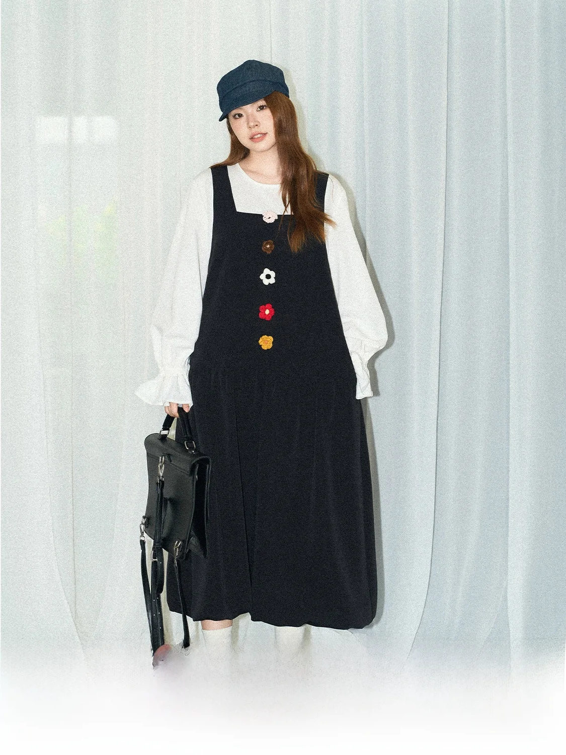 

JINGU Fre Sweet Sle round Ne irt Dr Fake Two-Piece Square Collar Vest Dr Long Sve Mid-Length Hanfu Gown