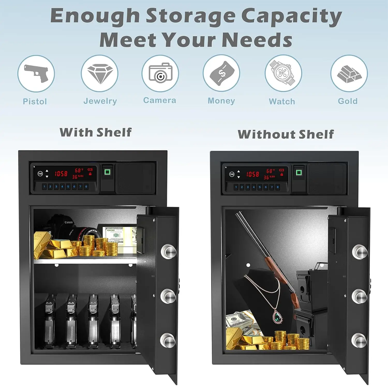 Sliding-Away Drawer Safe with LCD Display of Temp,Humidity,Time,Home Security Electronic Safe for Money Cash Valuables,Keypad La