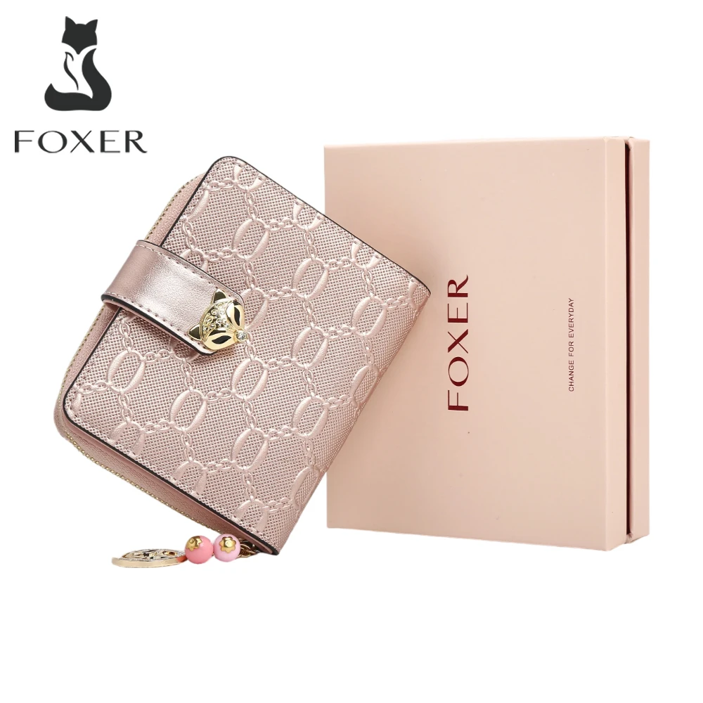 FOXER Cowhide Leather Women Short Wallet Embossed Fashion Multi Card Slots Zipper Coin Purse Lady Bifold Purse With Gift Box