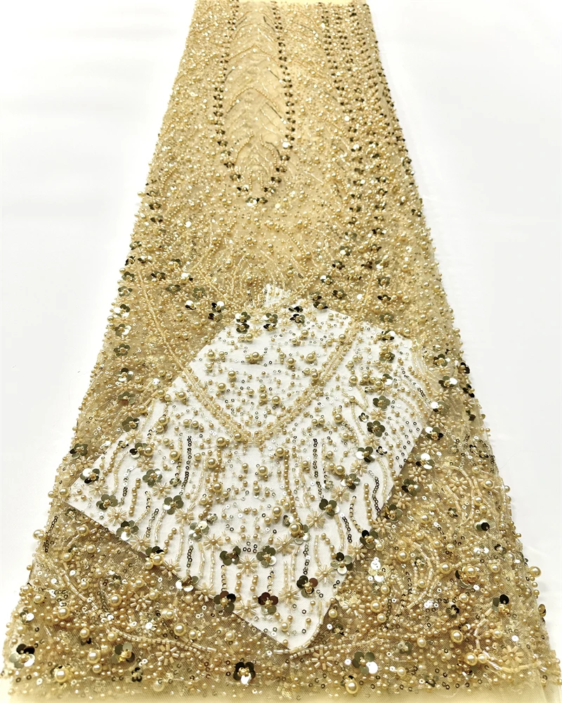 

High Quality African Lace Fabric Sequins Mesh Luxury Heavy bead Embroidered Tulle Fabric for Sewing Dresses