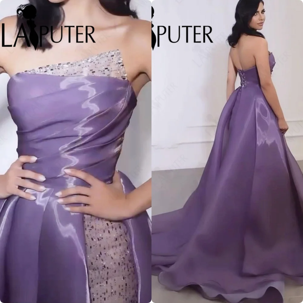 Grape Purple Organza Prom Dresses A line Sweep Train Girl Party Gown Off Shoulder Ruched Bead Sequins Inner Short Evening Dress