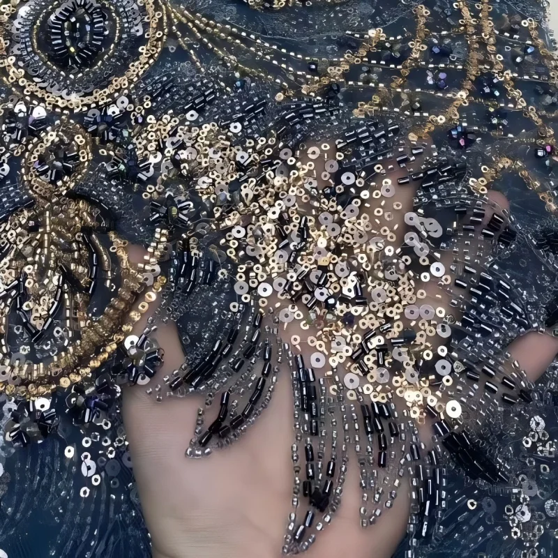 

Luxury African Lace Fabric With Coins Austria Embroidery Sequin Beaded Handmade Embroidered Fabric For Gown Dress Wedding 5 Yard