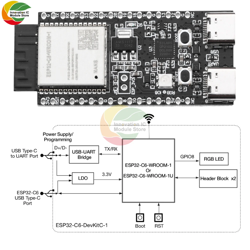 ESP32-C6-DevKitC-1 Placa de Desenvolvimento, WiFi, Bluetooth, Placa Núcleo CP2102, Módulo Onboard ESP32-C6-DevKitC-1 N8, TYPE-C Interface