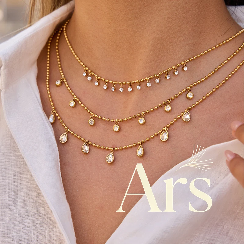 Collar de cuentas de acero inoxidable Ars para mujer, chapado en oro de 18k, con múltiples dijes, circonitas brillantes, gargantilla delicada