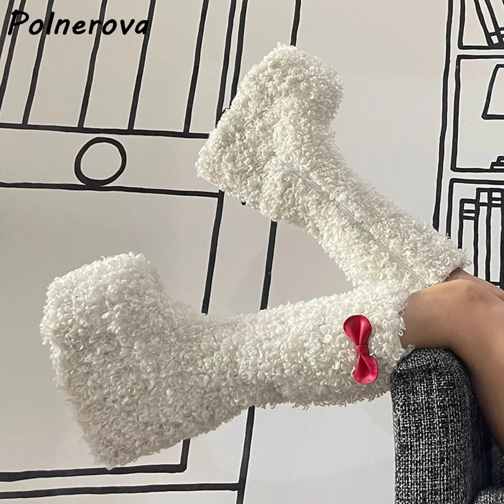 

Platform Curly Fur Butterfly Knot Boots White Red Thick Soled Zipper Round Toe Long Snow Boots Women High Increase Lovely Shoes