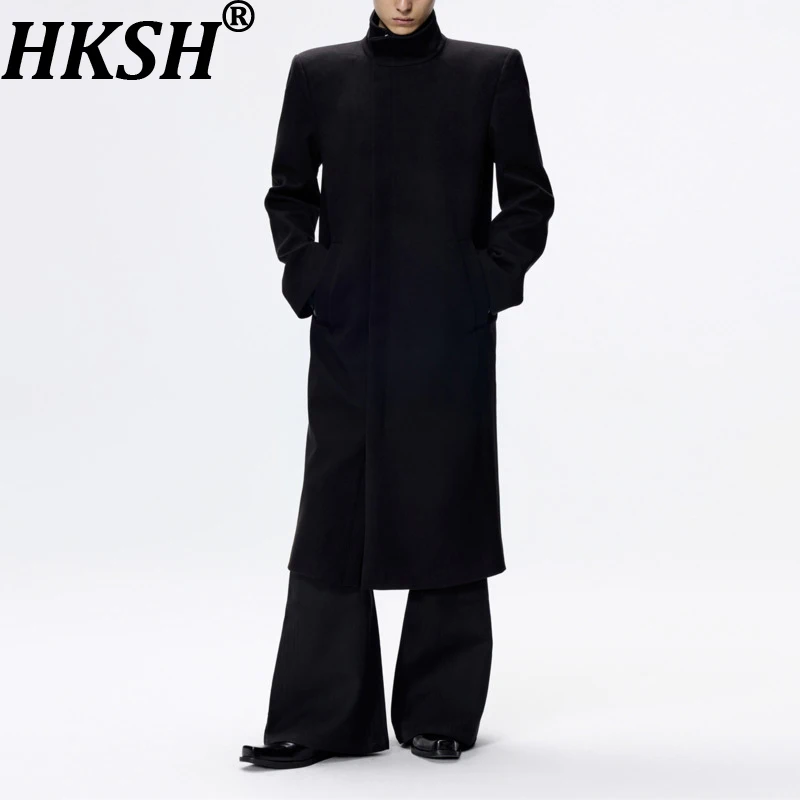 

HKSH Autumn Winter New Man's Stand Collar Zipper Thickened Warm Jacket Elegant Fashion Wool-Blends Mid-calf Overcoat Ins HK13473
