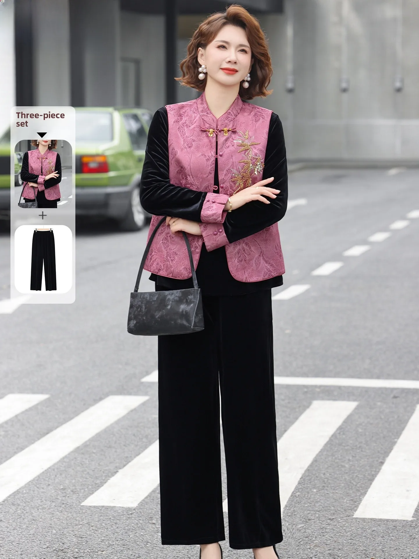 

Ele Golden Velvet Women's Ensemble Spring Faion Middle-Aged And ly Outerwear Top And Vest Tee-Piece Set