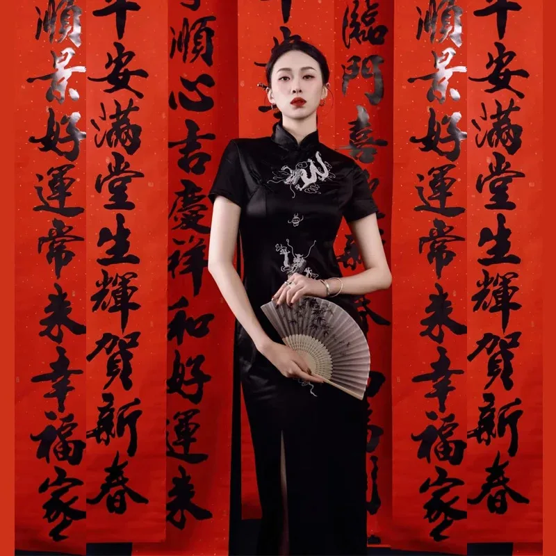 

Готический стиль, китайское Ципао, сексуальное Cheongsam, черное платье Year Of Dragon, облегающее, современная восточная модная уличная одежда на Хэллоуин