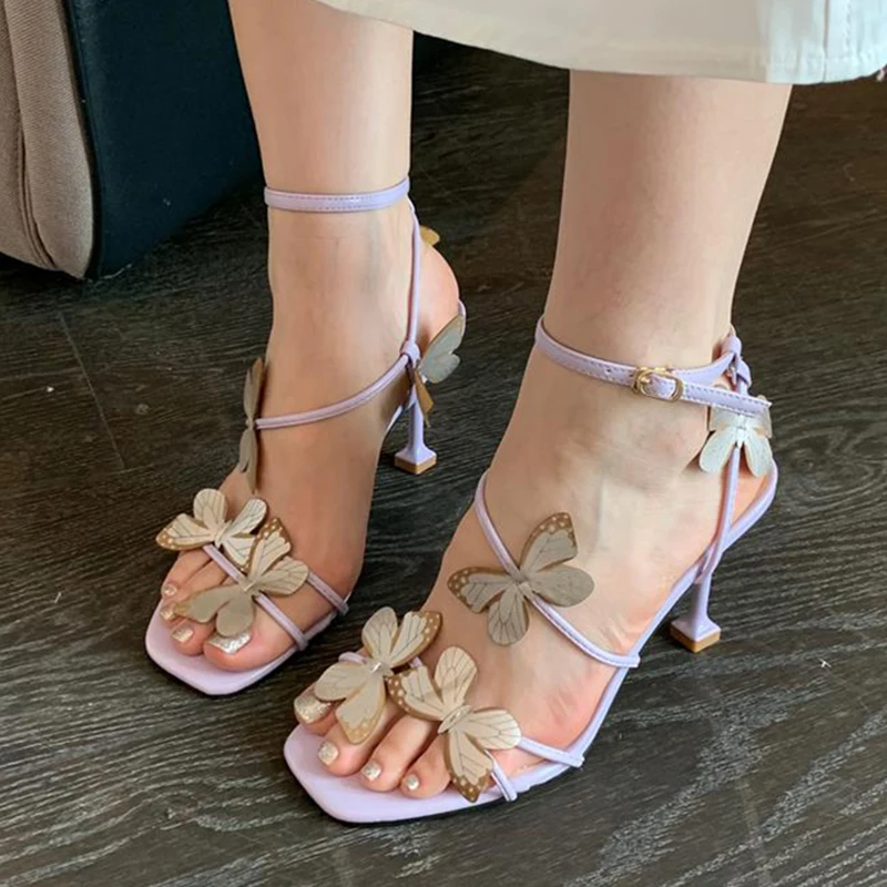 

NEW Butterfly High Heeled Sandals Women 2024 Summer Casual Square Toe Sandals Woman Thin Heels Ankle Straps Party Shoes Pumps