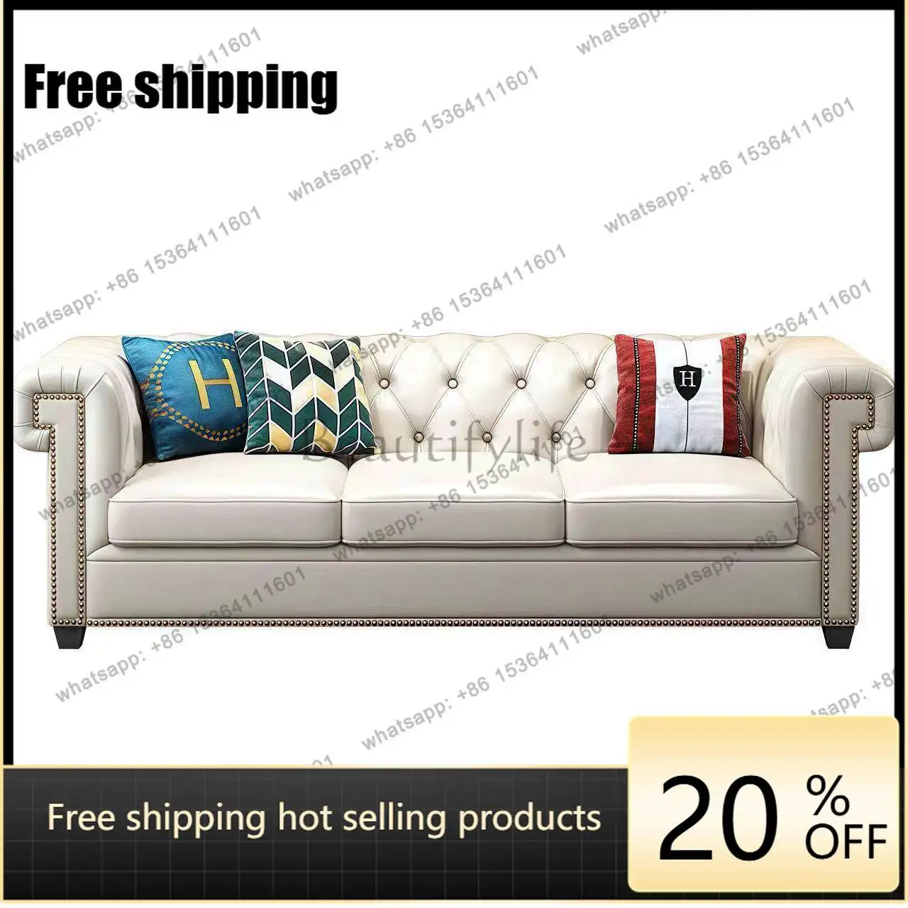 LX Nordic simple light luxury leather beige American buckle leather sofa