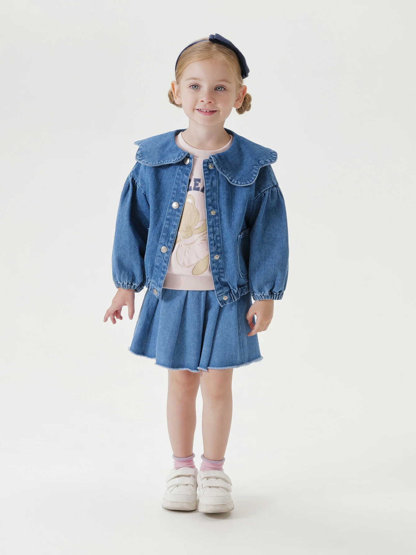 MARC & JANIE Girls Lace Large Lapel Denim Jacket Bubble Sleeve Cotton Outerwear Kids Button Down Tops 250197