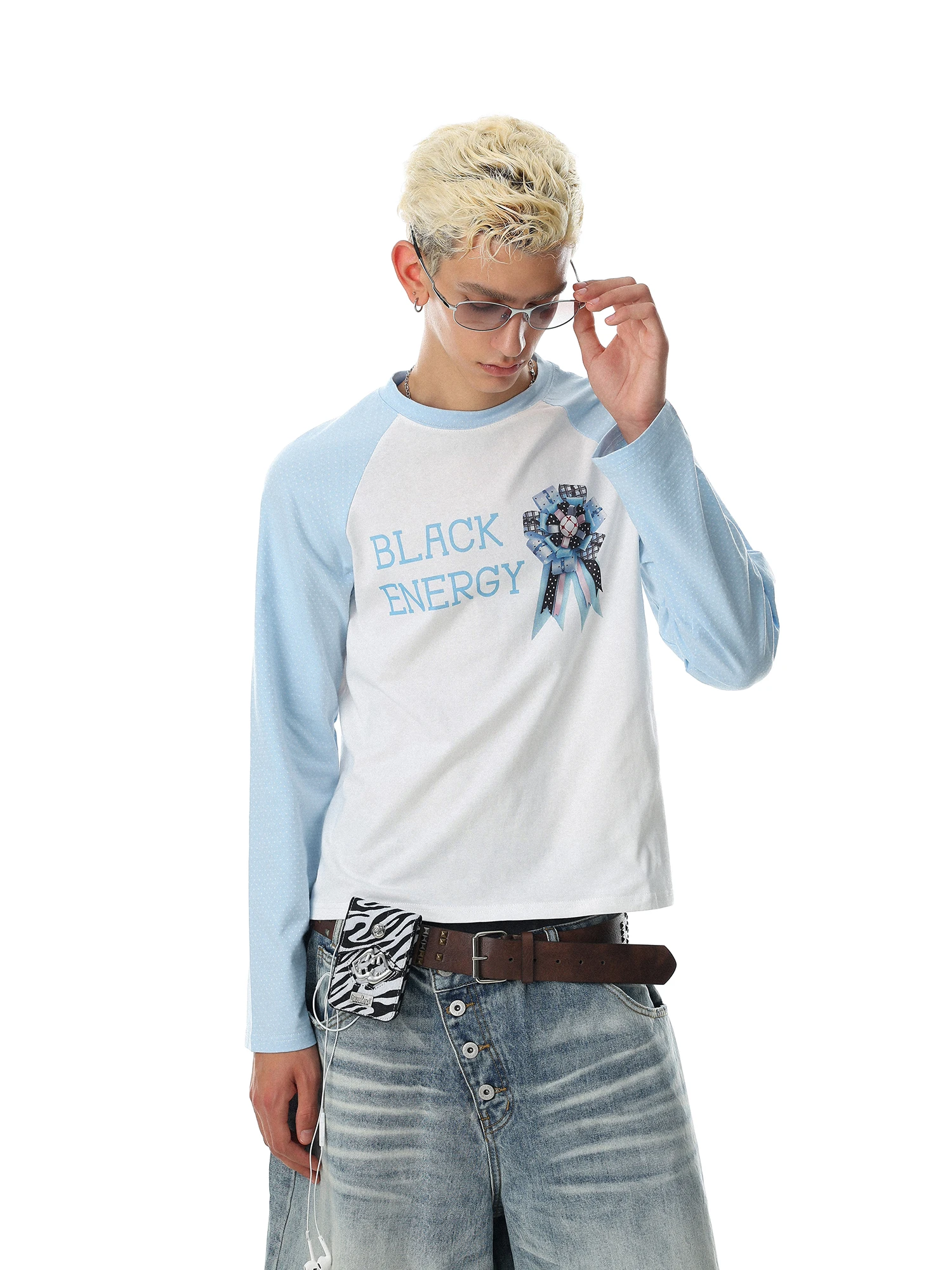 American Style Streetwear Long Sleeve T-Shirt Men's round Neck Printed Shoulder Insertion Chest Badge Contrast Color Casual C...
