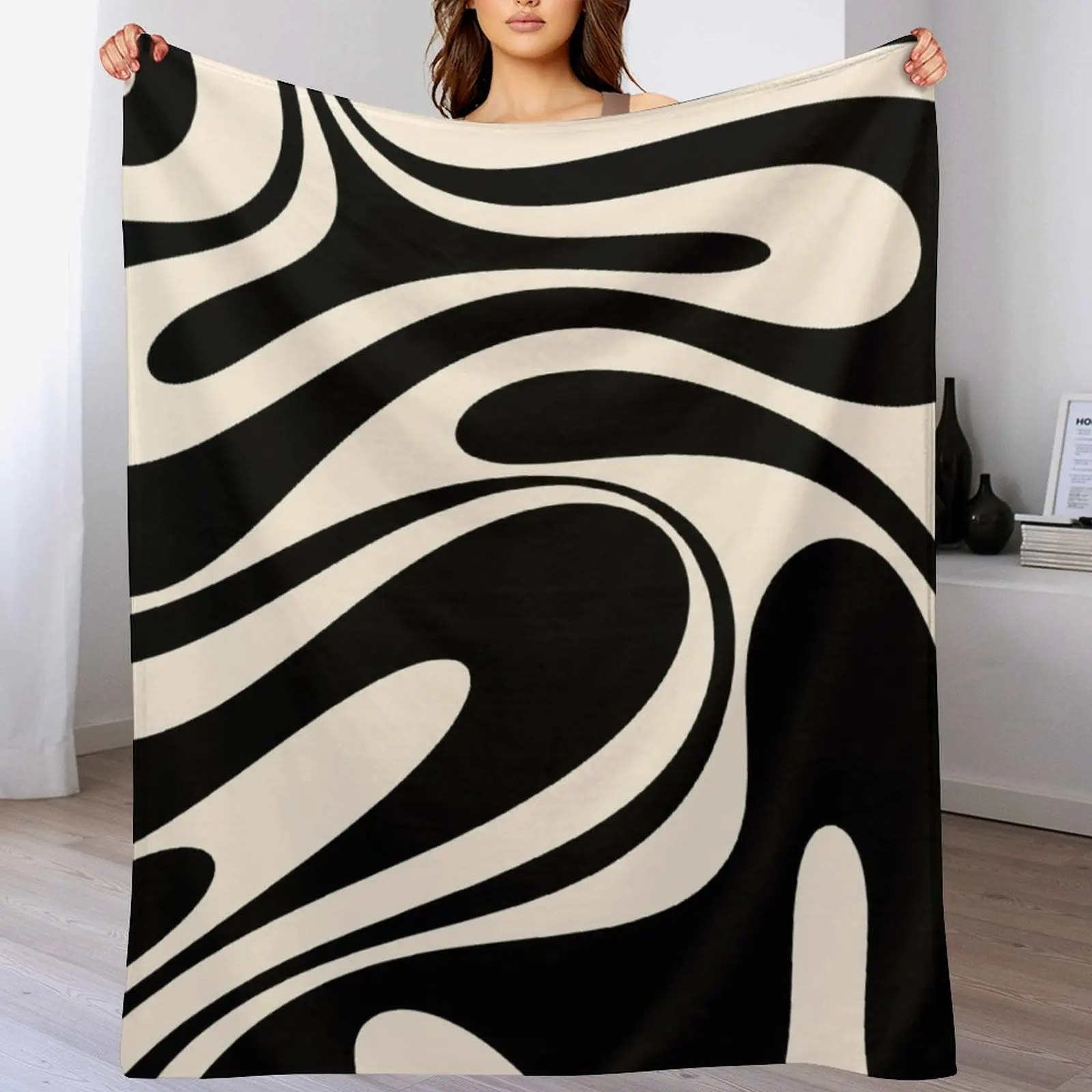 

Retro Fantasy Swirl Abstract in Black and Almond Cream Throw Blanket Soft Plaid decorative Summer Beddings Flannel Blankets