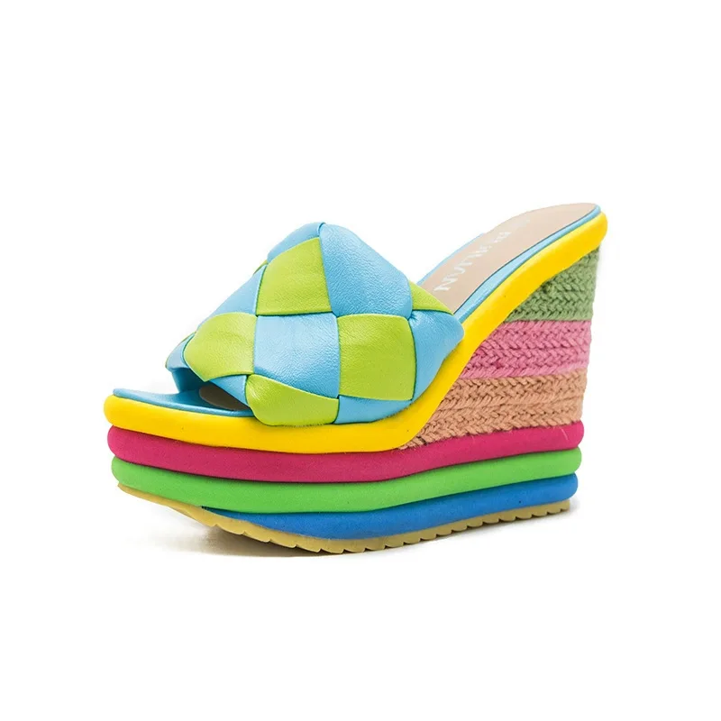 2024 Summer Sexy Bohemian Casual Rainbow Peep Toe Platform Sandals for Women Wedges Sandalias High Heel Plus Size Shoes 34-43