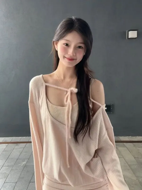 

Sexy Knitted Dress Set Pure Desire Style Inner Wear Strap Dress Young Looking Complete Outfit OOTD Summer 2025 Korean Fashion