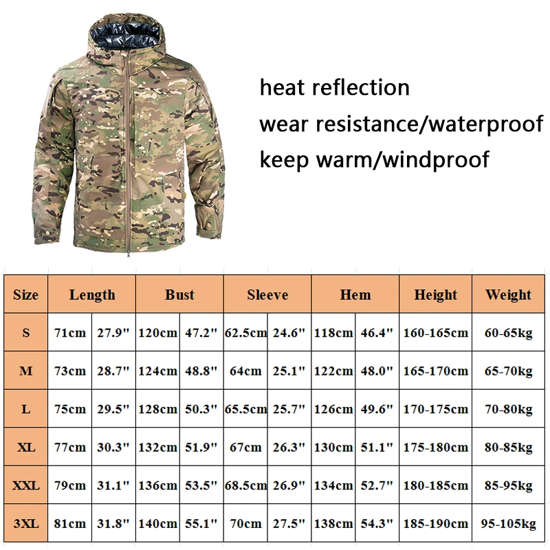 HAN WILD Tactical Jackets Winter Man Heat Reflective Combat Jackets Warmth Hooded Hunting Jacket Men Hiking Jackets Warm