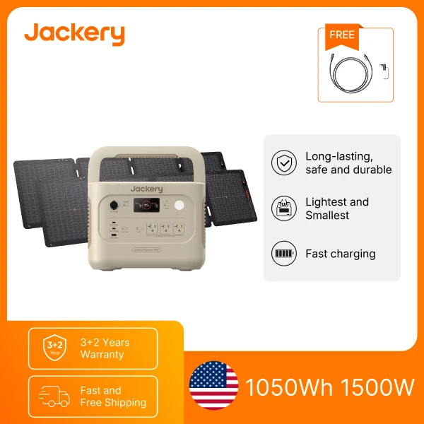 Jackery E1000AC Sand Gold 1050Wh Portable Power Station with 2x 100Wair Solar Panels & 5m Extension Cable, 1500W Pure Sine Wave AC Output, 3000W Surge, LiFePO4 Battery, 100W USB-C and Fast Recharge for Camping, RV Trips and Home Emergency Backup