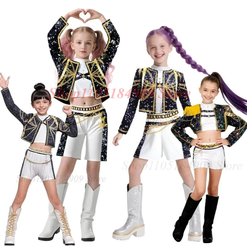 

2026 kpop demon hunters costume kids rumi Girls Movie Role Prints Cosplay Costumes Hallow Carnival Party Costumes Huntrix Set