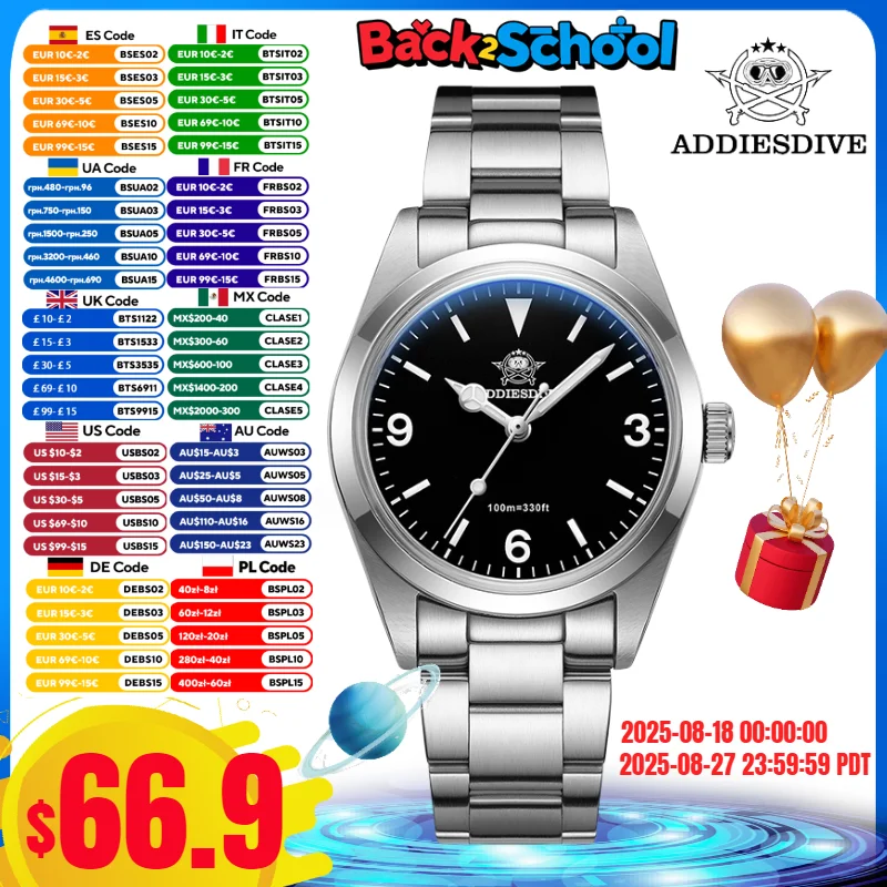 

Мужские Роскошные часы ADDIESDIVE BGW9 36 мм, супер светящиеся водонепроницаемые часы с сапфировым стеклом 100 м, модные кварцевые часы VH31, мужские часы