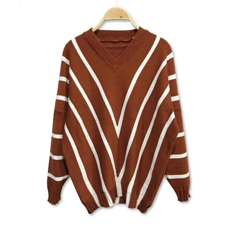 New Autumn Fashion Spliced Stripe Sweater with Sweetheart Collar Loose and Versatile Reduced Age Knitted Long Sleeve Sweater