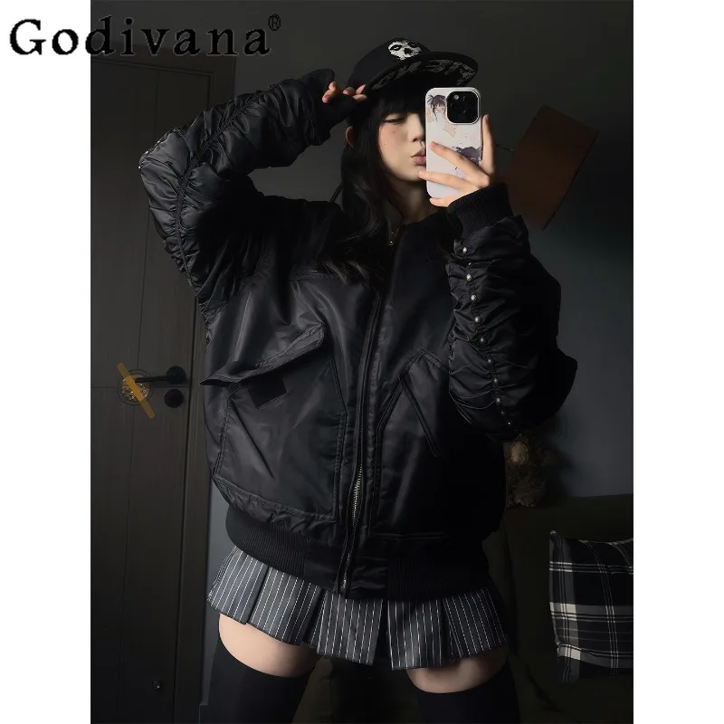 American Retro Thickened Jacket for Women Winter New Rivet Patchwork Black Cotton Coat Female Long Sleeve Loose Jacket