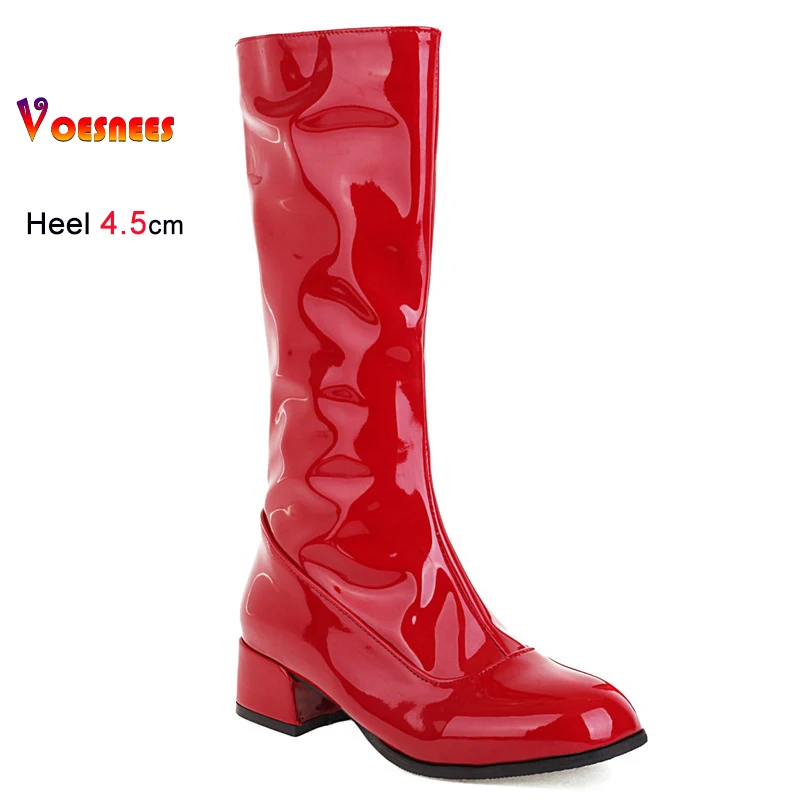2025 Autumn Winter Red Women's Knight Boots Block Heels 4.5cm Side Zipper Soft Patent Leather Shoes Round Head Ladies Long Boots